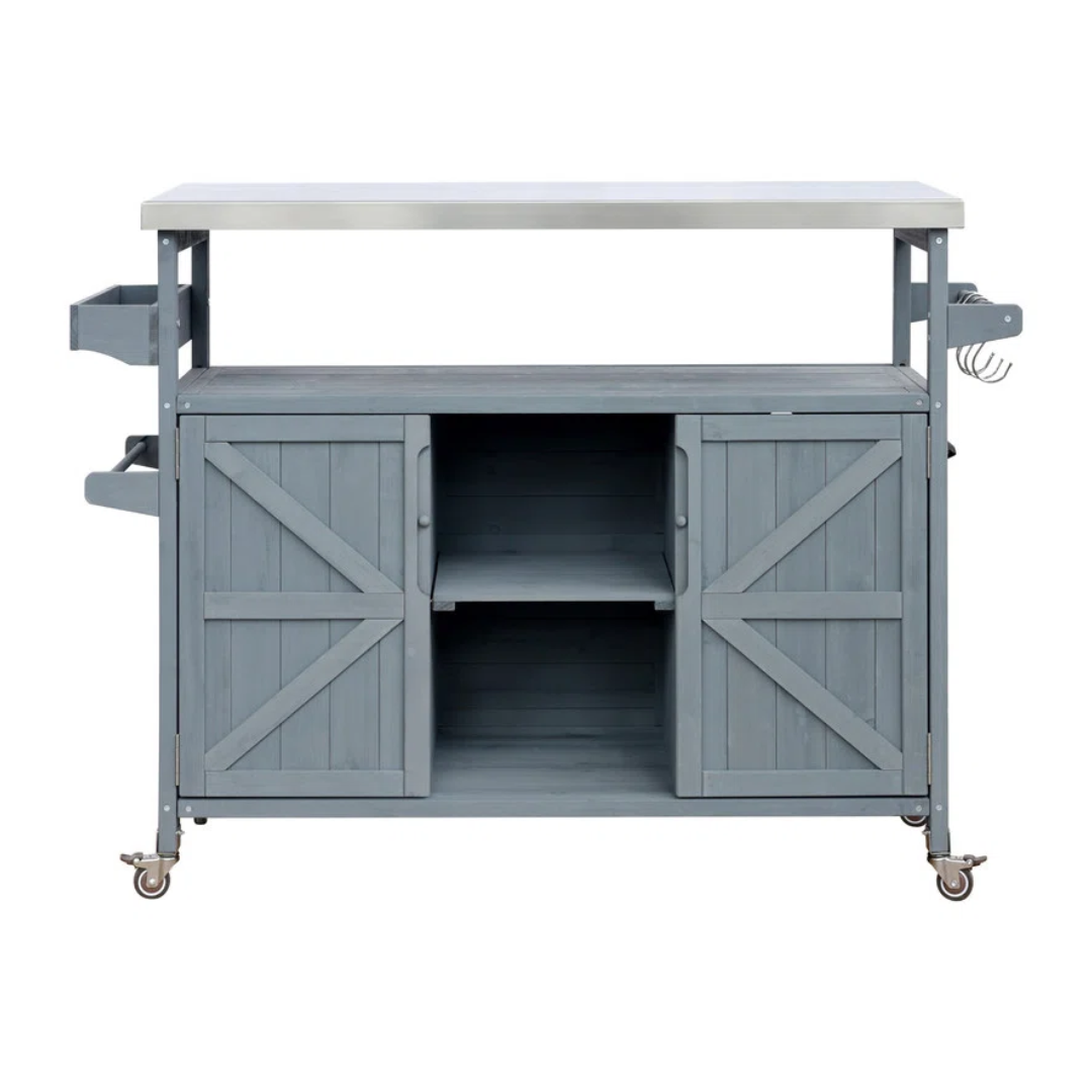 Polyfurniture Outdoor Kitchen Island, Rolling Bar Cart &amp;amp; Storage Cabinet, Farmhouse Solid Wood Outdoor Grill Table With Stainless Steel Top,