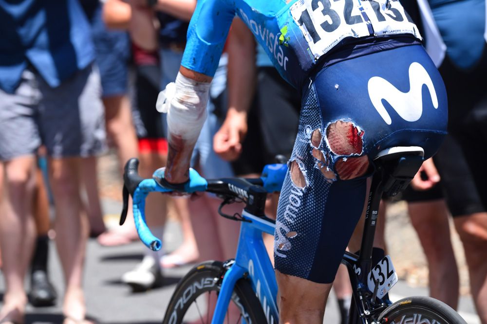 Nuno Bico (Movistar) crashed hard while in the break but raced on