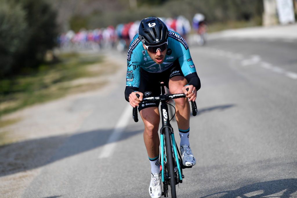 MANOSQUE FRANCE FEBRUARY 12 Alexis Gougeard of France and Team BB Hotels PB KTM compete in the breakaway during the 6th Tour de La Provence 2022 Stage 2 a 1806km stage from Arles to Manosque 417m TDLP22 on February 12 2022 in Manosque France Photo by Luc ClaessenGetty Images