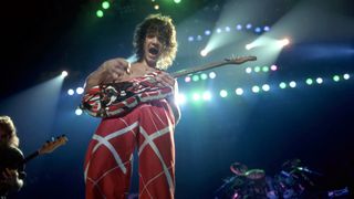 Eddie Van Halen plays his custom Frankenstrat guitar at Cobo Arena during Van Halen's "Fair Warning Tour" on July 4, 1981, in Detroit, Michigan