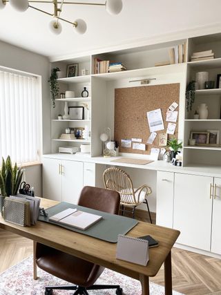 Home office with Metod base cabinet frames, Metod base cabinet pull outs, Lagkapten table tops and Billy bookcases