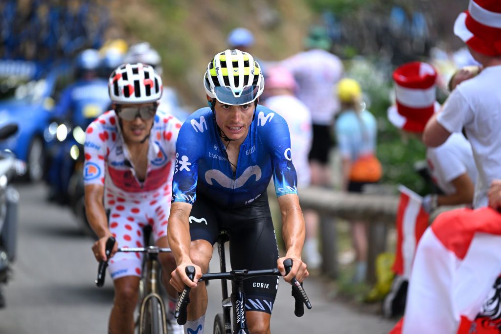 COL DE LA COUILLOLE FRANCE JULY 20 LR Richard Carapaz of Ecuador and Team EF Education EasyPost and Enric Mas of Spain and Movistar Team compete in the breakaway during the 111th Tour de France 2024 Stage 20 a 1328km stage from Nice to Col de la Couillole 1676m UCIWT on July 20 2024 in Col de la Couillole France Photo by Dario BelingheriGetty Images