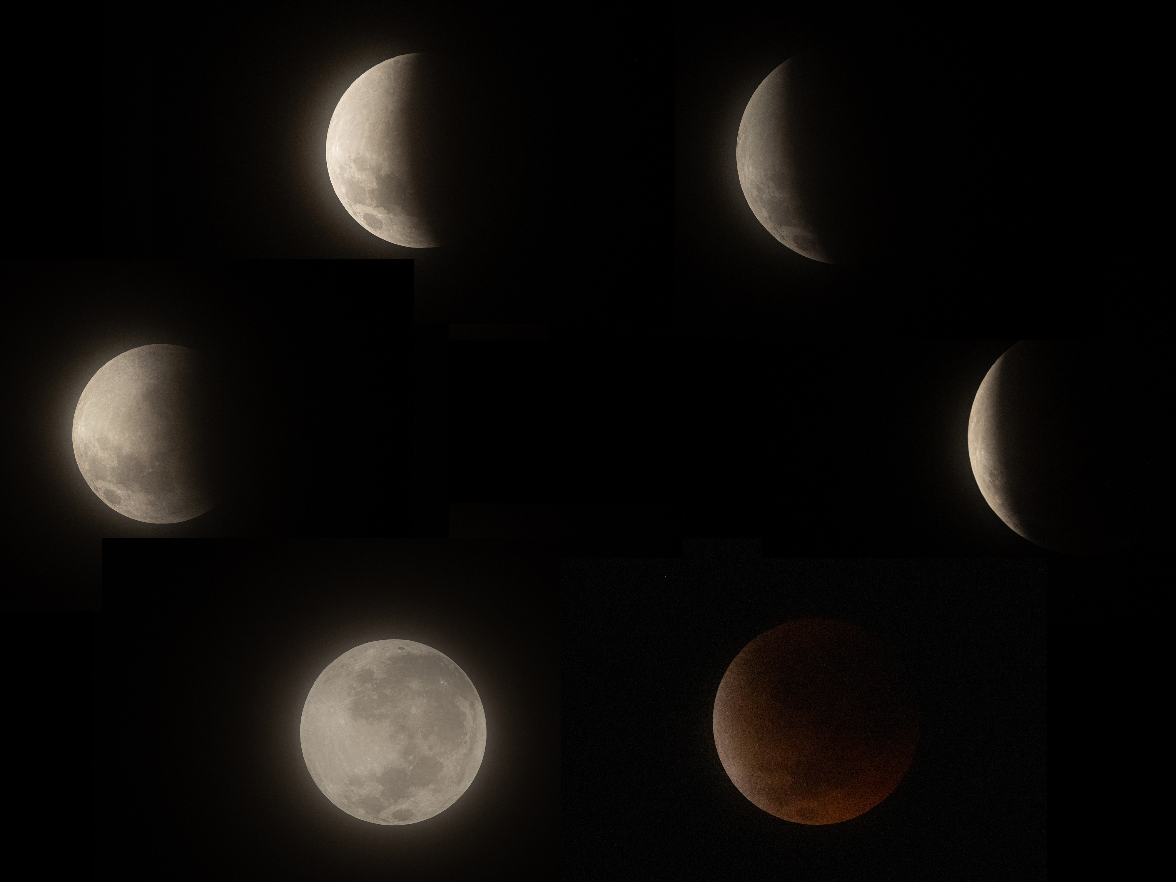 A composite image showing six moons arrayed in a circle, with each showing a different phase of a lunar eclipse. The bottom right moon is fully eclipsed, while the moon to its left has no shadow on it.