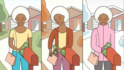 graphic illustration of a woman at the mailbox in three seasons