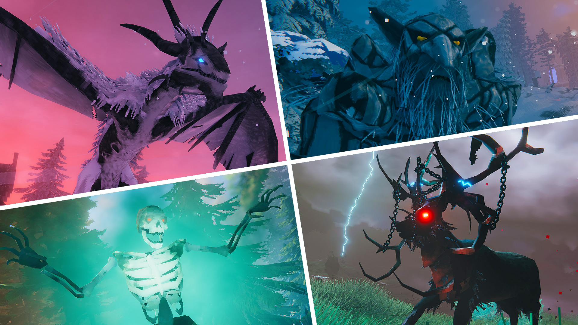 Valheim - Bosses and enemies from different biomes, including Moder, a Gemmatroll, Ghost, and Eikthyr.