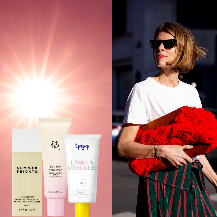 a woman in a white t-shirt with a red bag next to a pink background with sunshine and three bottles of sunscreen