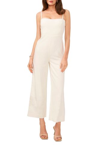 Smocked Back Sleeveless Wide Leg Linen Blend Jumpsuit