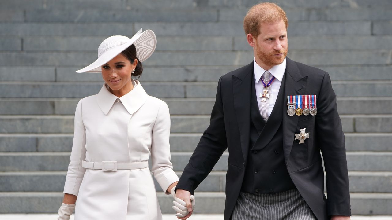 Prince Harry and Meghan Markle&#039;s rumored vow renewal revealed, seen here leaving after the National Service of Thanksgiving to Celebrate the Platinum Jubilee