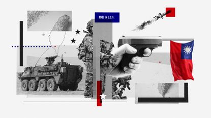 Photo-montage of soldiers with surface-to-air missiles