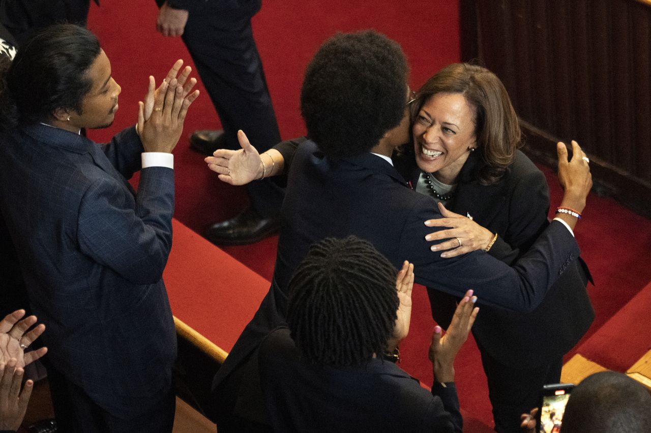 Vice President Kamala Harris hugs expelled Tennessee Rep. Justin Pearson.