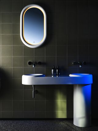 Tom Dixon Vitra Liquid bathroom designs including mirror and cabinet with a sink