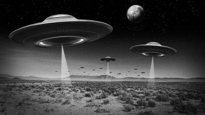 Illustration of UFOs hovering over the Nevada desert at night