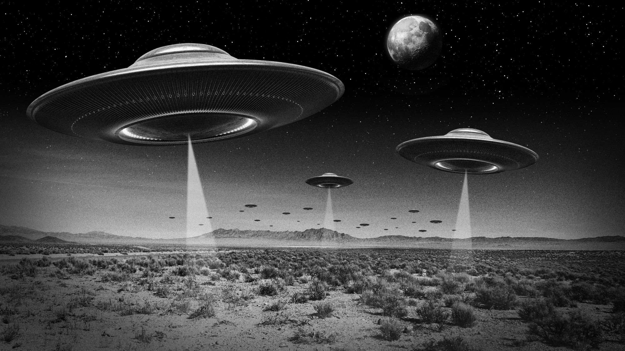 Illustration of UFOs hovering over the Nevada desert at night