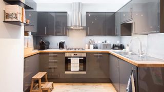 Gloss kitchen in grey with timber floor