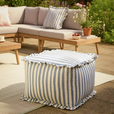 Habitat blue and white stripe ruffle outdoor pouffe.