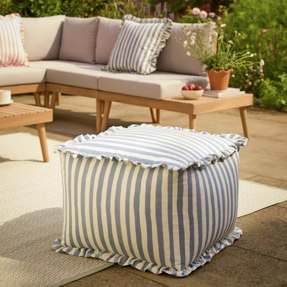 Habitat blue and white stripe ruffle outdoor pouffe.