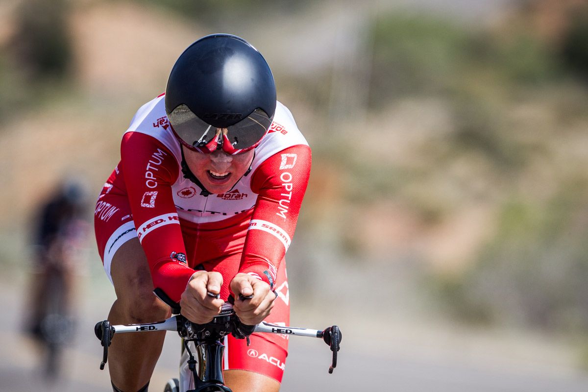 Leah Kirchmann (Optum) heads up the climb.