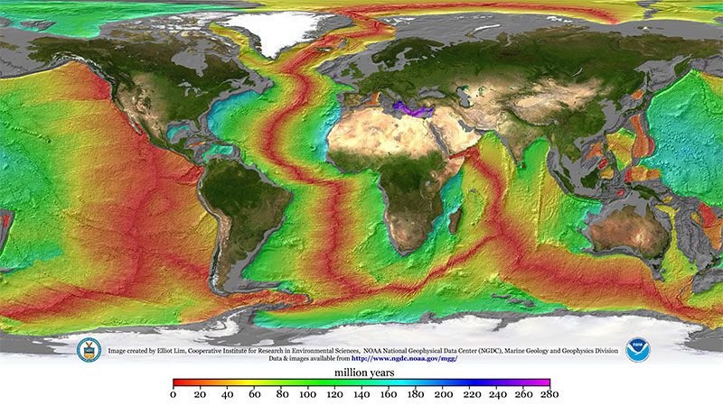 A map of the world's midocean ridges showing seam-like structures running through the Atlantic Ocean, the eastern Pacific and the Indian Ocean.