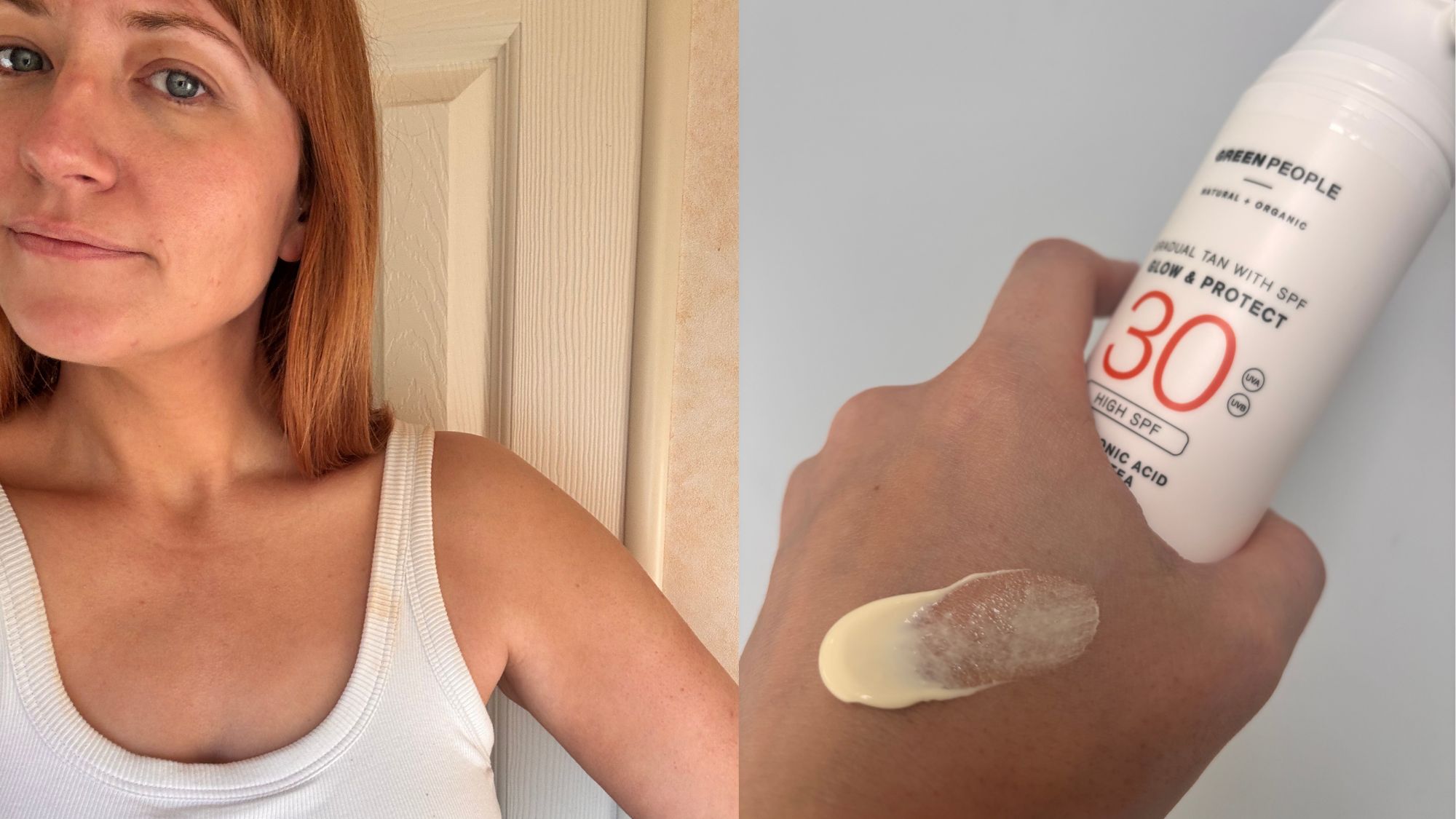 Self-tan with SPF two shots of matilda with the bottle of tan