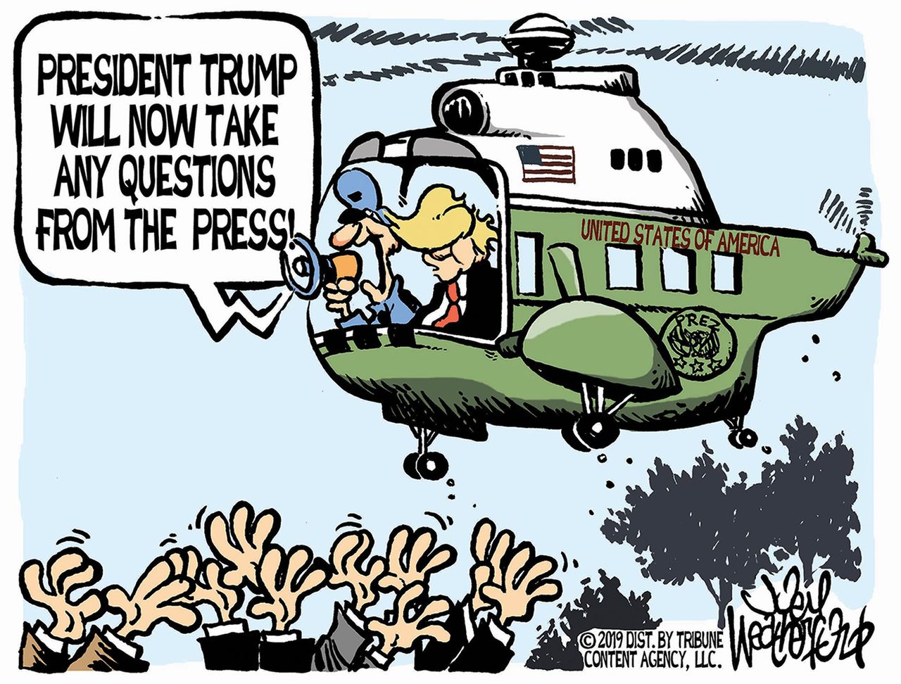 Political Cartoon U.S. Trump Dodging Questions Press Helicopter