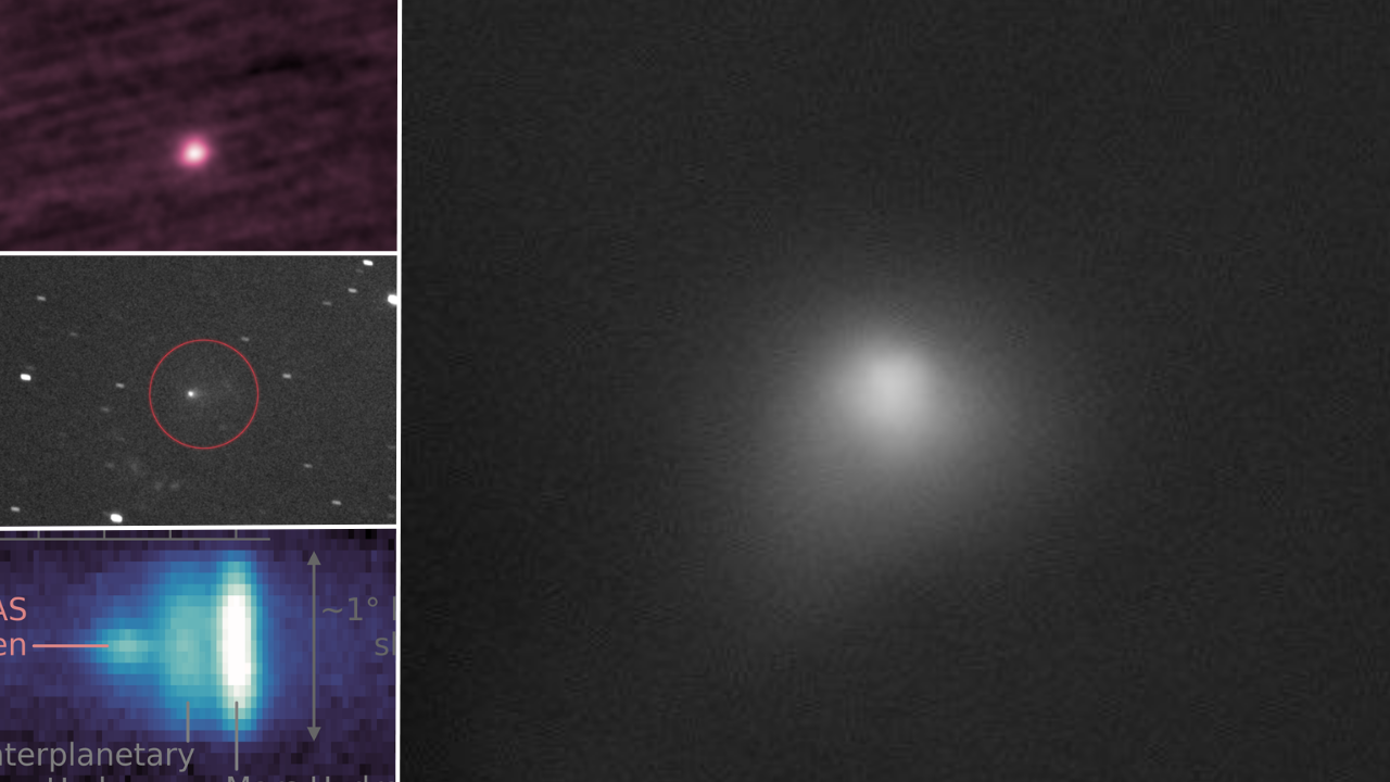A series of four photos, one large one on the right and three stacked on the left showing various dots of comet 3I/ATLAS