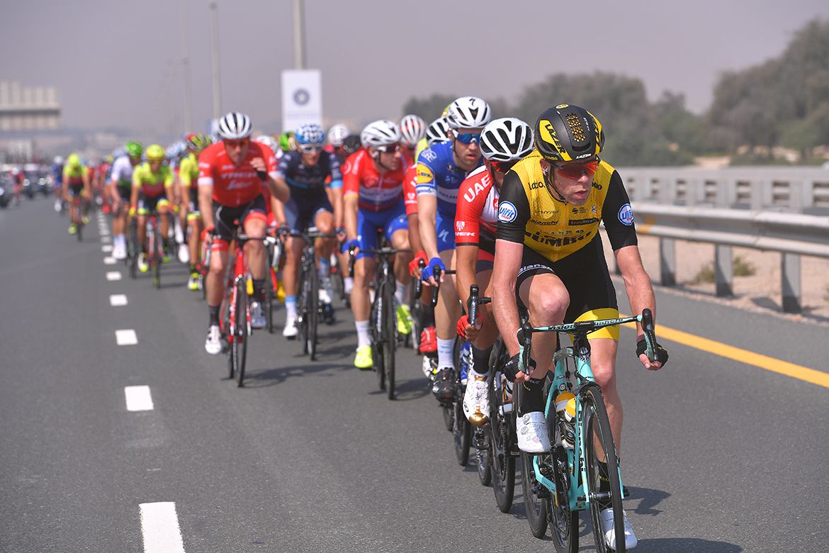 Bram Tankink works on the front of the peloton