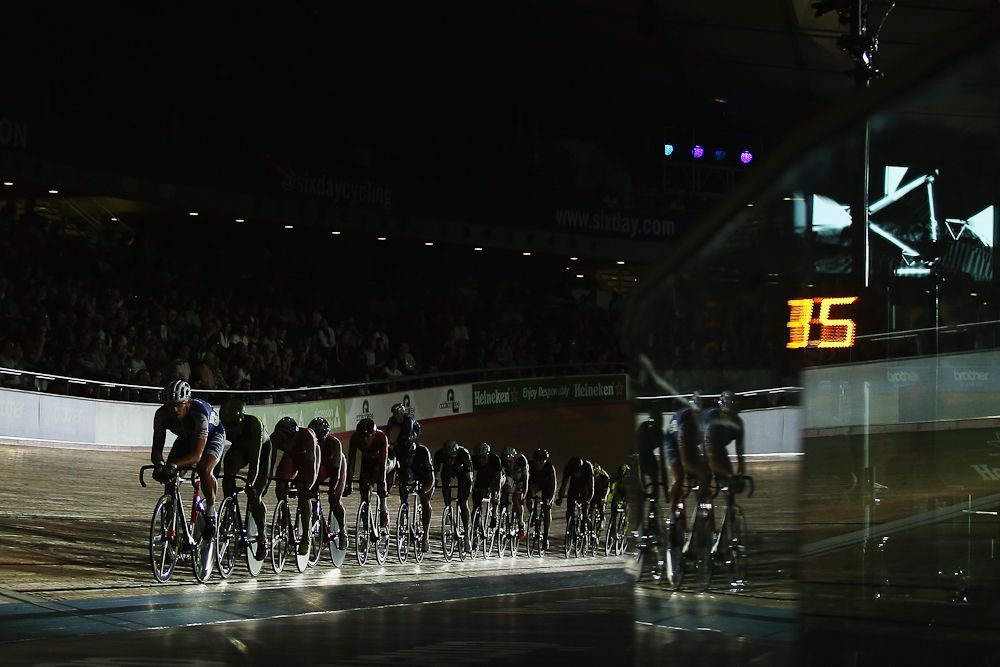 The riders lap the velodrome in the Elimination race round of the 1878 Cup during day one of the London Six Day Race