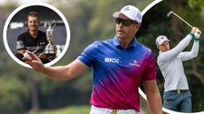 Henrik Stenson hitting an iron shot, holding the Claret Jug and thanking fans with a golf ball in his right hand