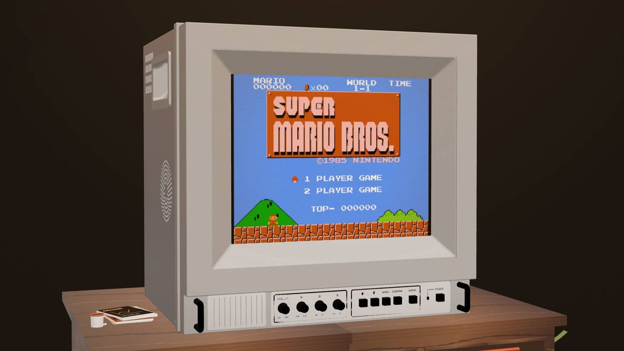3D render of TRAVELLER ULW10 CRT TV with Super Mario Bros title on screen.