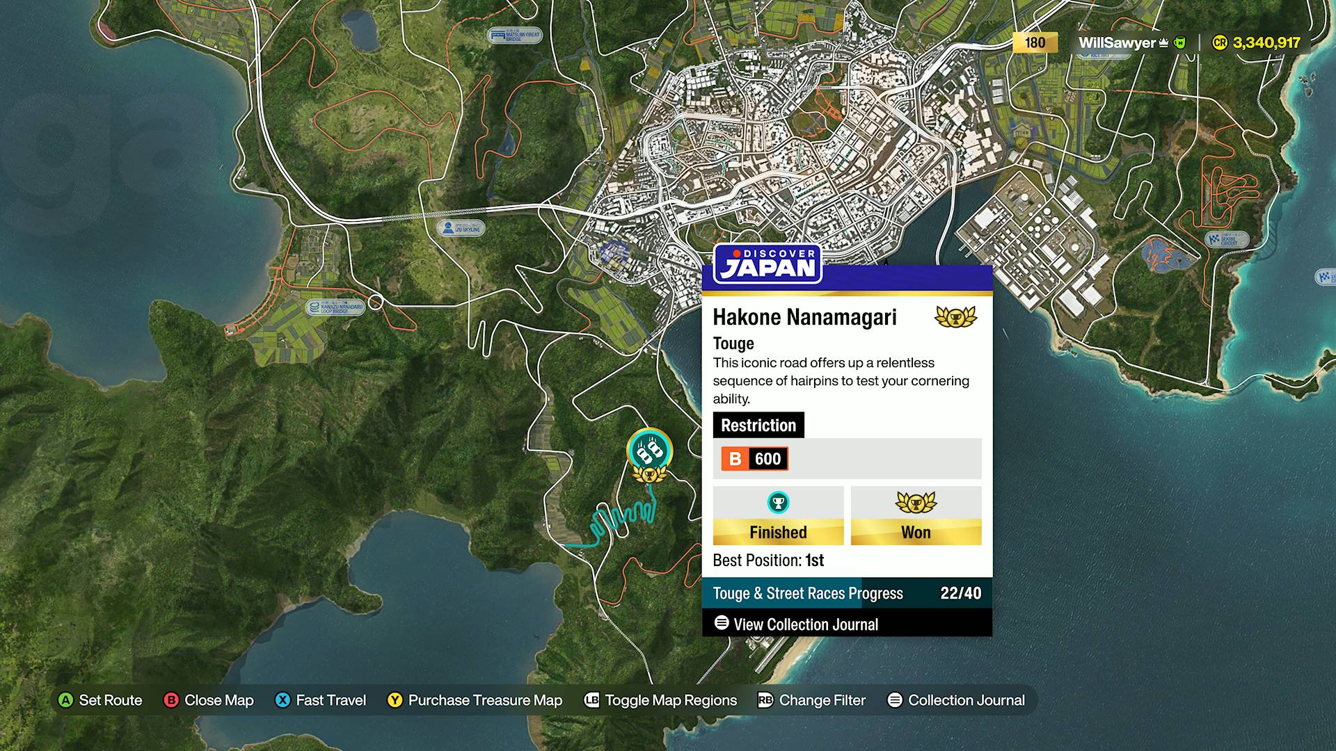 Forza Horizon 6 Hakone Nanamagari touge race marked on Japan map in Nangan region