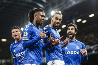 Everton�s Alex Iwobi (second left) celebrates scoring their side’s first goal of the game during the Premier League match at Goodison Park, Liverpool. Picture date: Thursday March 17, 2022