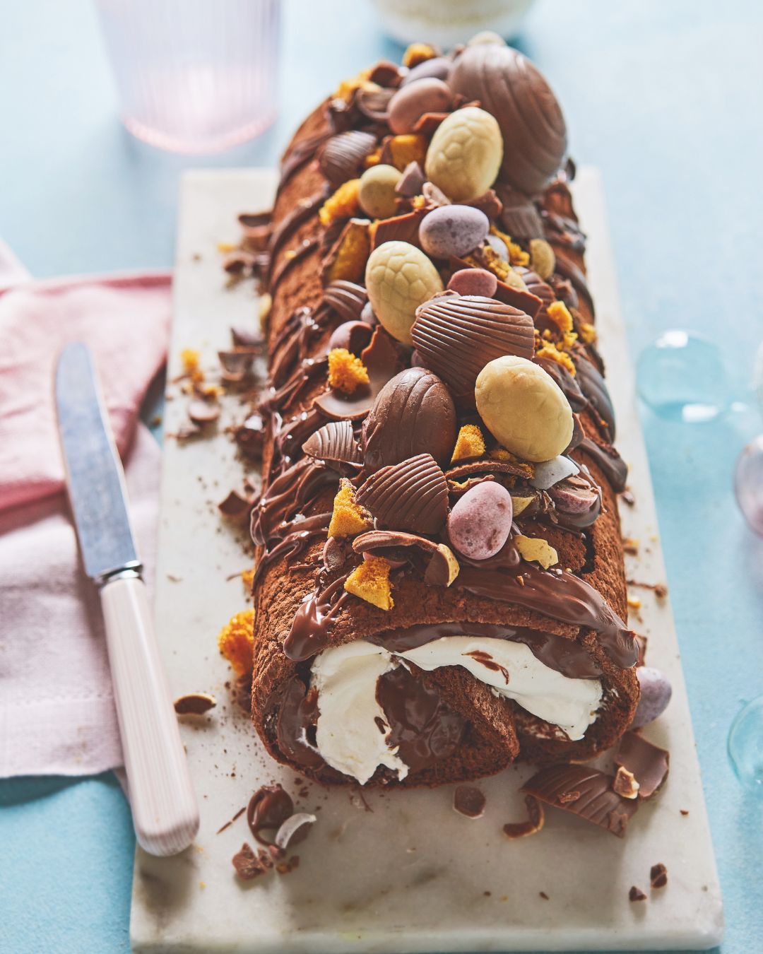 Chocolate roulade decorated with chocolate eggs