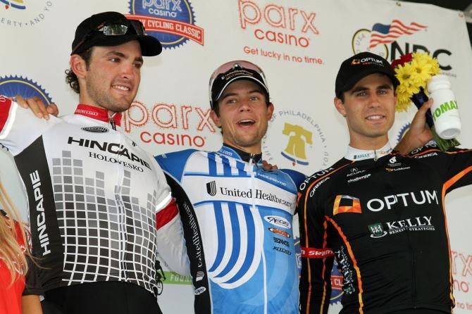 The Philly Cycling Classic podium: Joey Rosskopf, Kiel Reijnen and Jesse Anthony