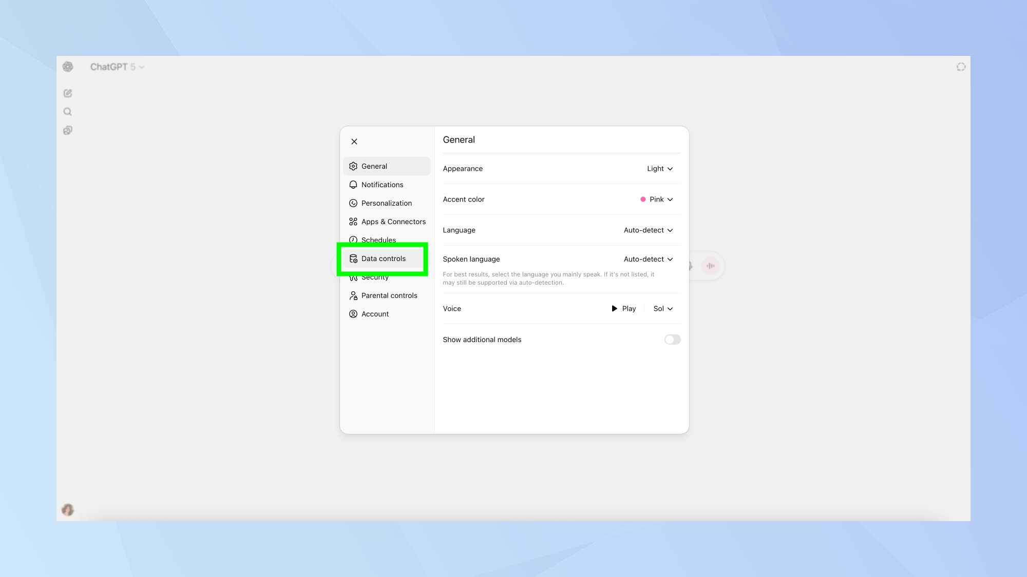 ChatGPT settings on browser