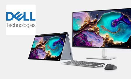 Dell logo top left with an image of a monitor, laptop, keyboard and mouse