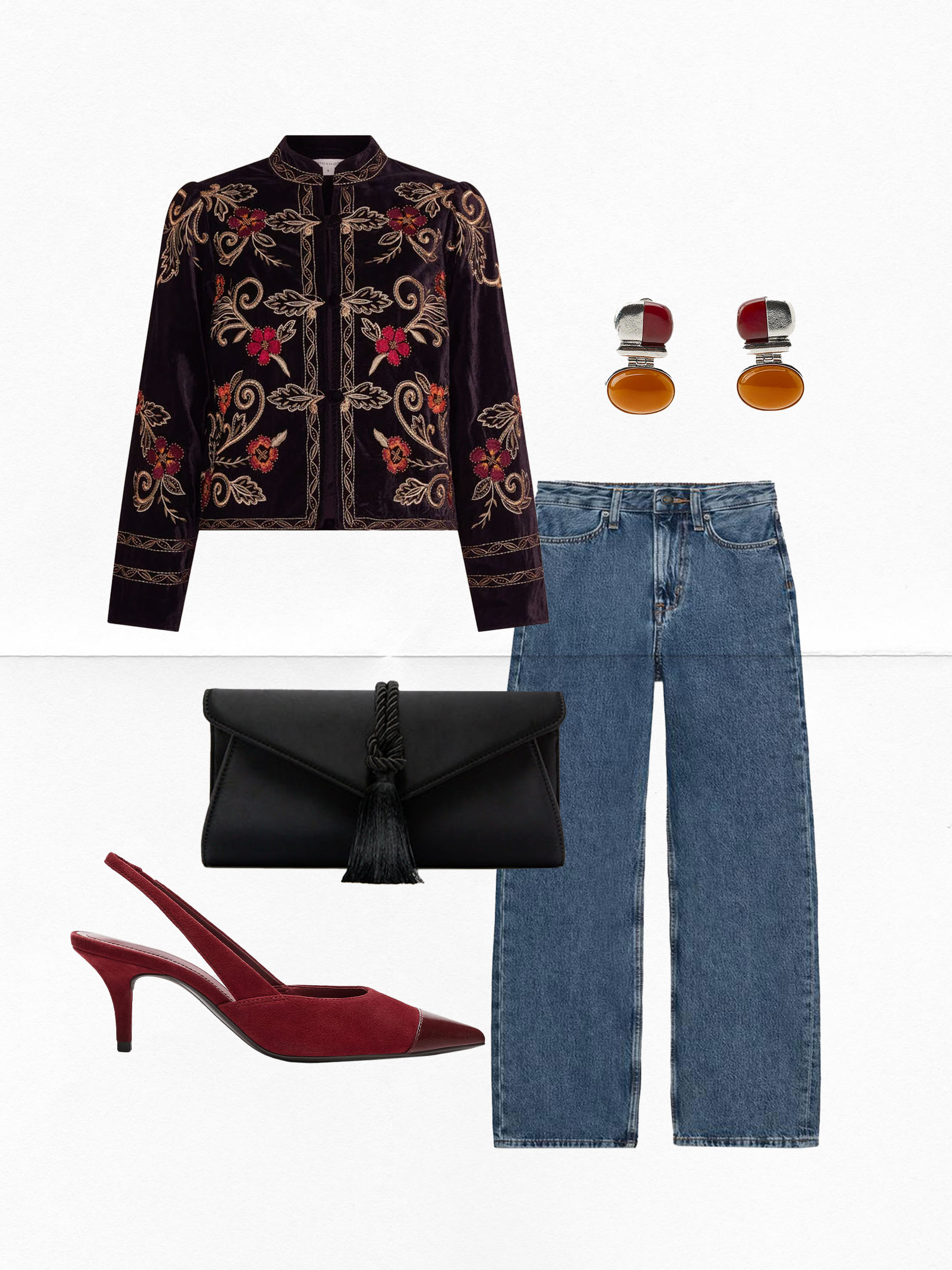 Collage of fashion items creating a fall outfit.