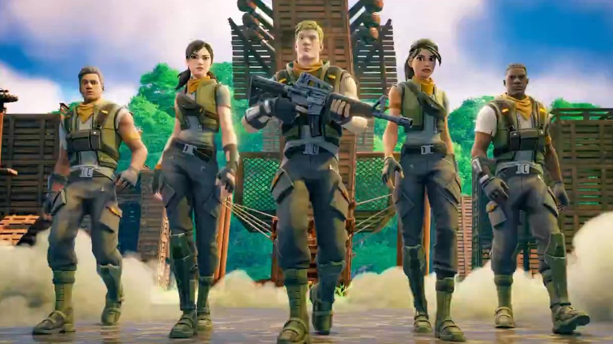 Still from British Army&#039;s Fortnite map teaser - five armed Fortnite people walking toward the camera