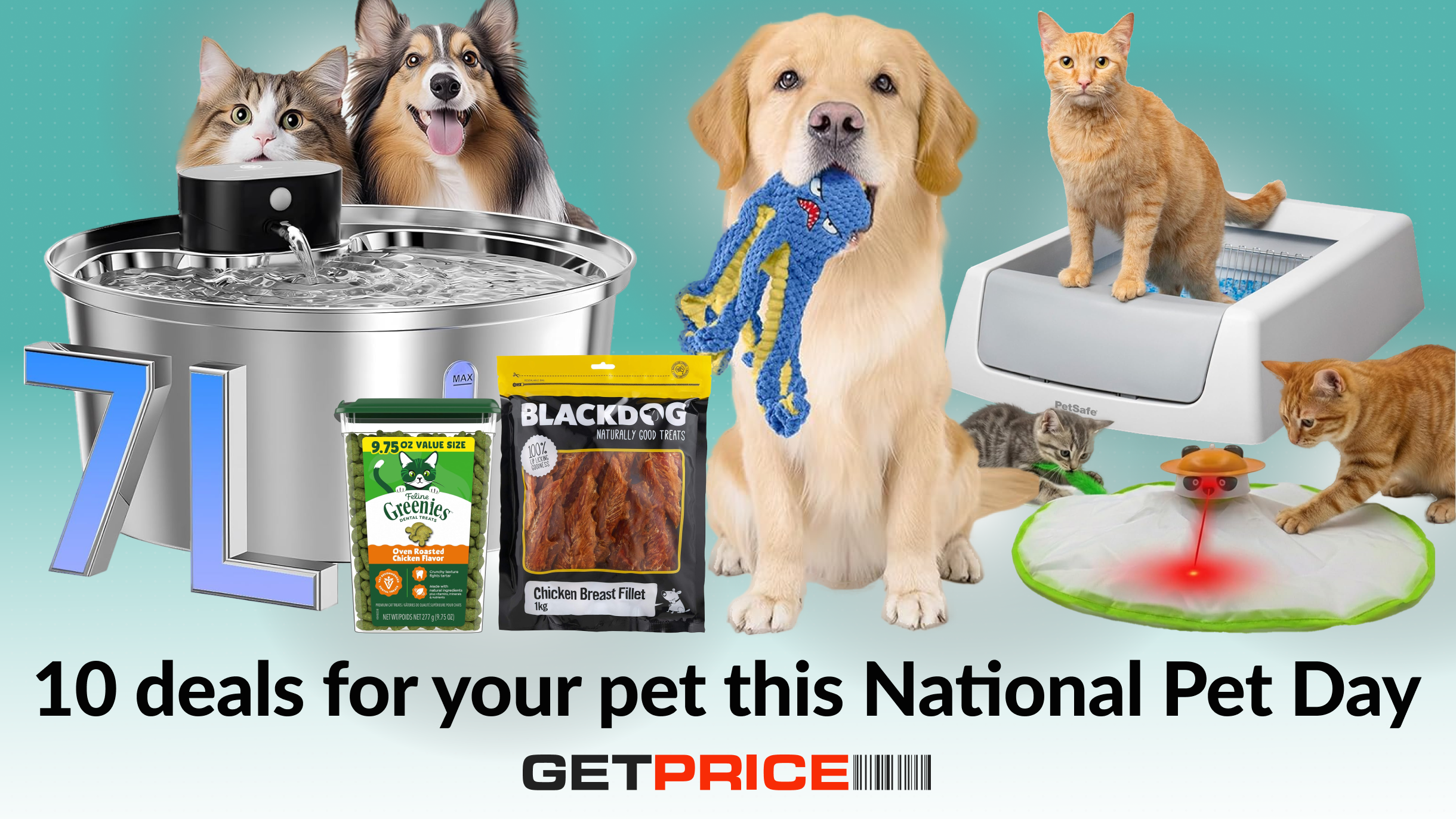 Green/blue background with black text that says '10 deals for your pet this National Pet Day' with images of Pet products above it