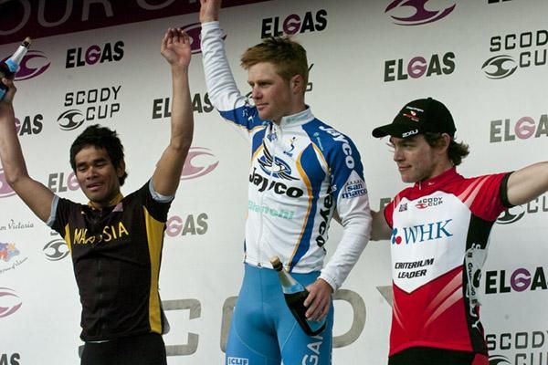 The stage eleven podium (l-r): Harrif Saleh (2nd,Malaysian National Team), Nicholas Walker (1st,Jayco/VIS) and Scott Law (3rd,Virgin Blue/RBS Morgans).
