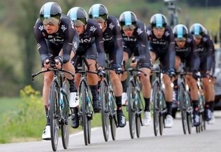 Team Sky en route to third place during the stage 2 team time trial at Volta a Catalunya