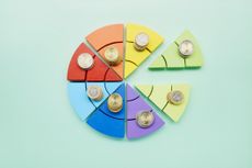High angle view of pie chart made of colorful building blocks and stacks of Euro coins