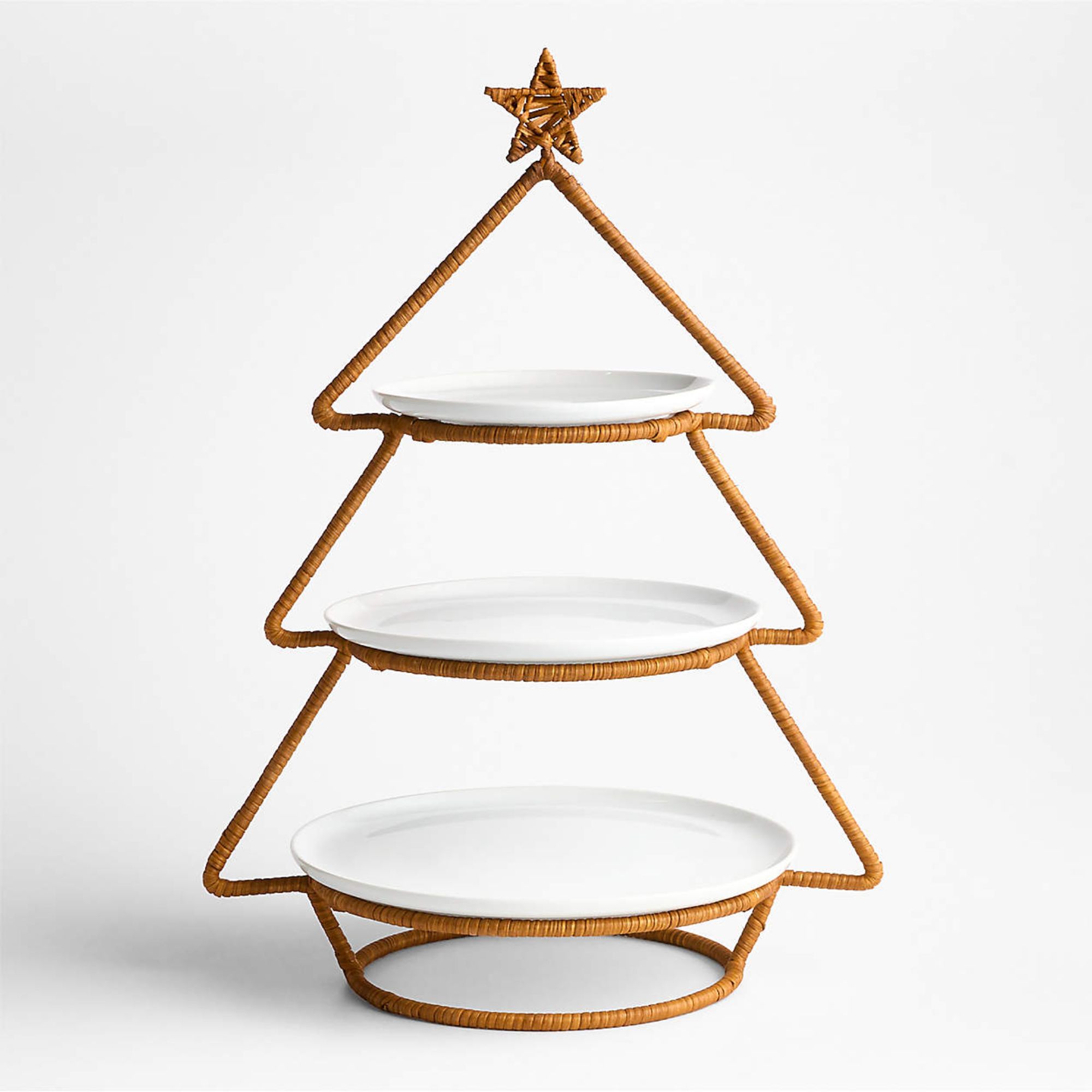 Wicker Christmas tree serving stand with porcelain plates