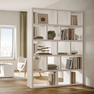 white bookcase room divider