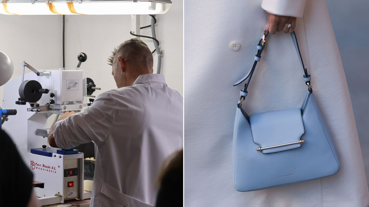 a composite collage of a factory worker making a strathberry bag and a woman in street style holding up her blue leather bag