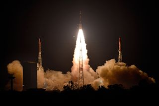 An Indian Space Research Organisation PSLV rocket launches the new IRNSS-1I navigation satellite into orbit from the Satish Dhawan Space Centre in Sriharikota on April 12, 2018, at 4:04 a.m. India Standard Time.