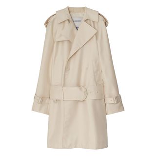 Double Breasted Drop Waist Belted Silk Blend Trench Coat