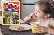 Tesco drop in image of sign and main image of a girl eating a pastry