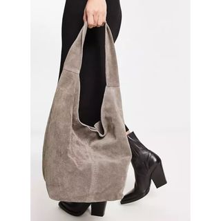 ASOS Design Suede Tote Bag with Tie Detail in Grey