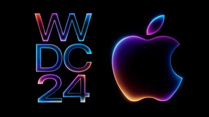 Apple graphic reading WWDC 2024 and an Apple logo, both in neon rainbow outlines on a black background 