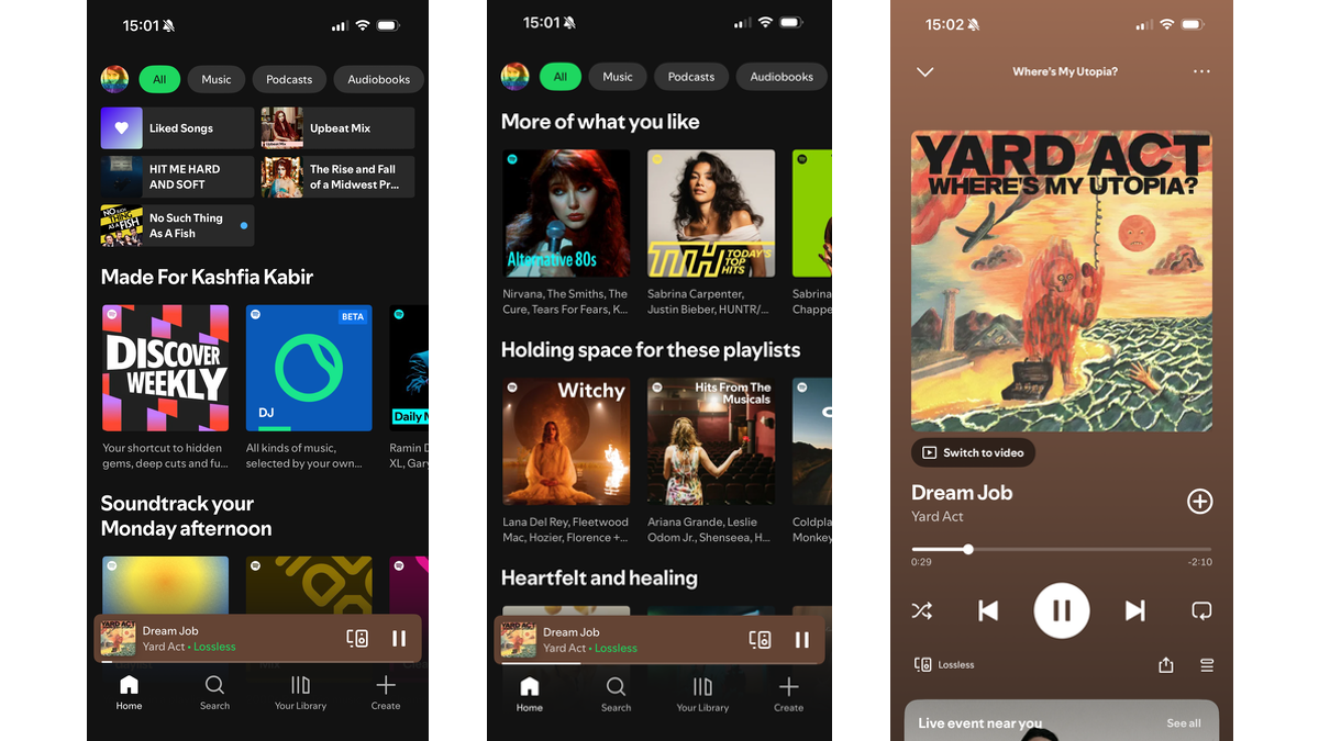 Spotify screenshots on an iPhone
